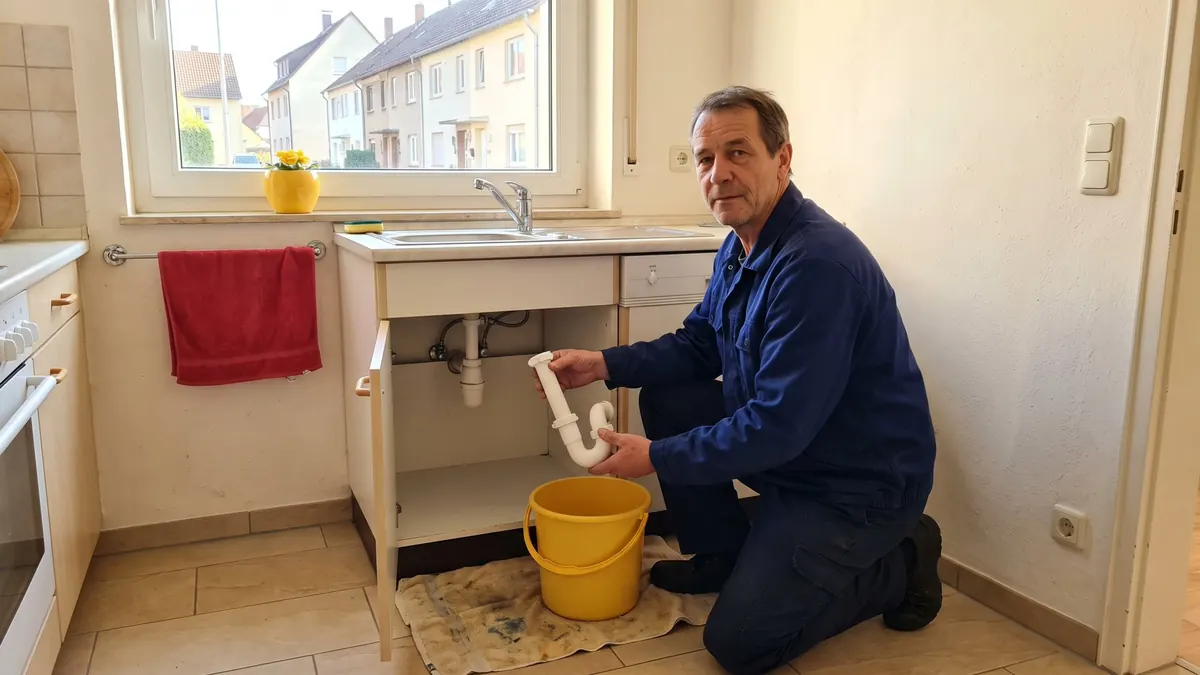 Klempner öffnet den Siphon unter der Küchenspüle