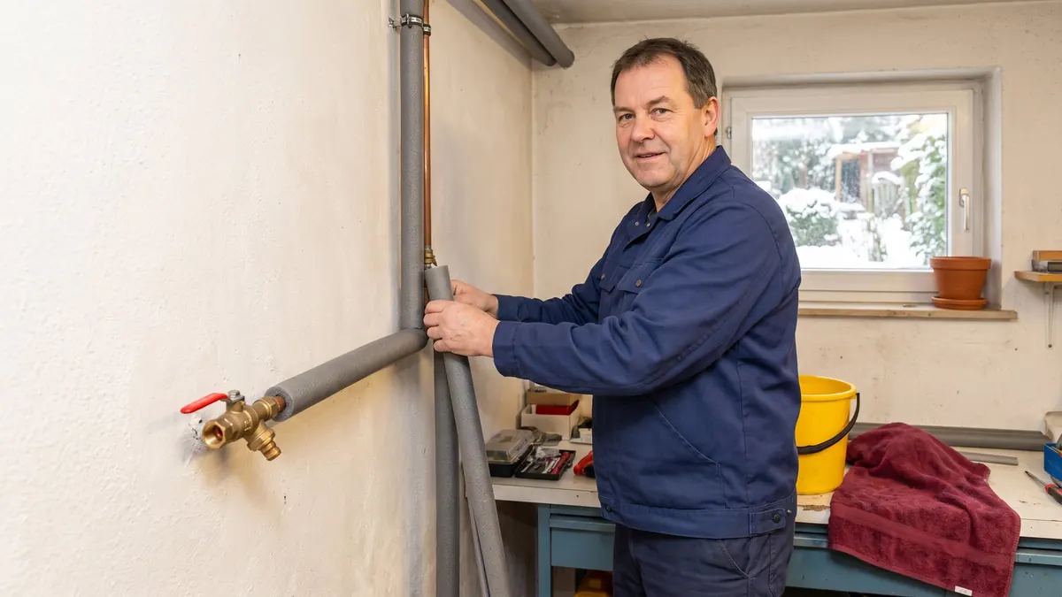 Klempner dämmt eine Wasserleitung in der kalten Garage – Leitungen im Haus, St. Leon-Rot