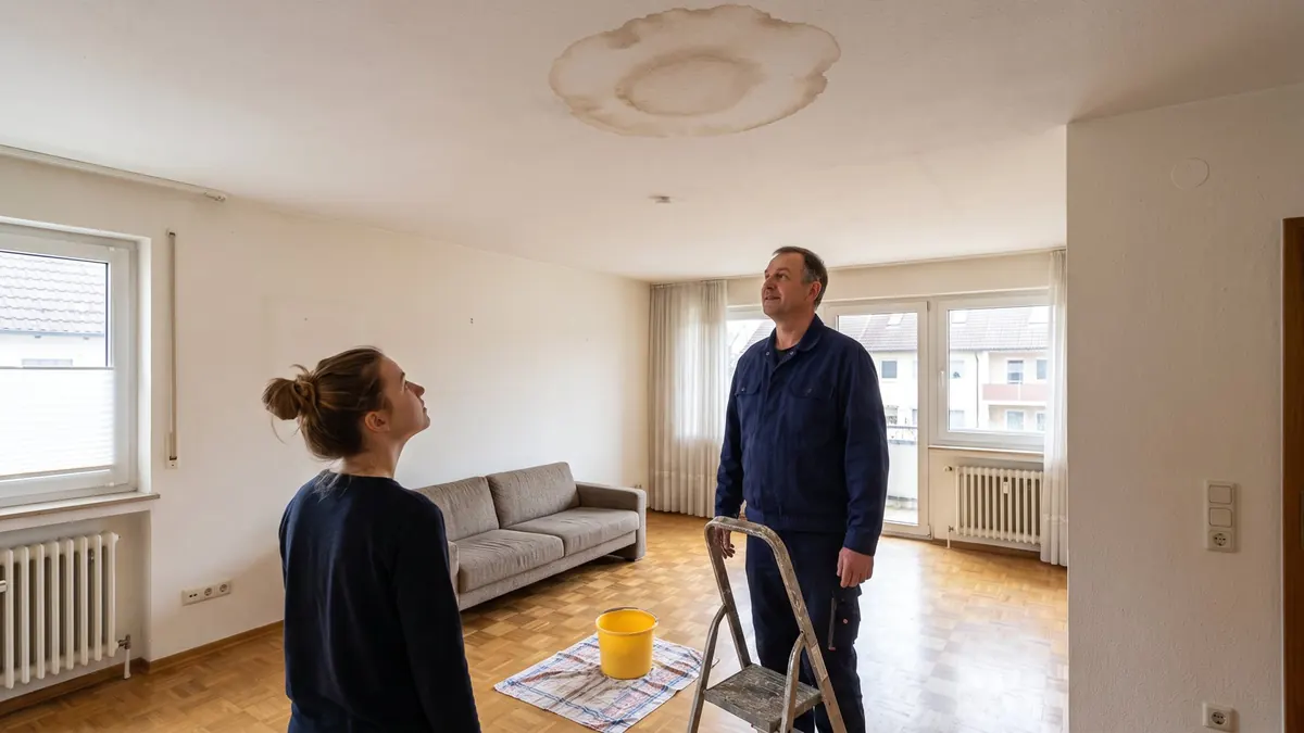 Klempner begutachtet einen Wasserfleck an der Wohnzimmerdecke – Leitungen im Haus, Bruchsal