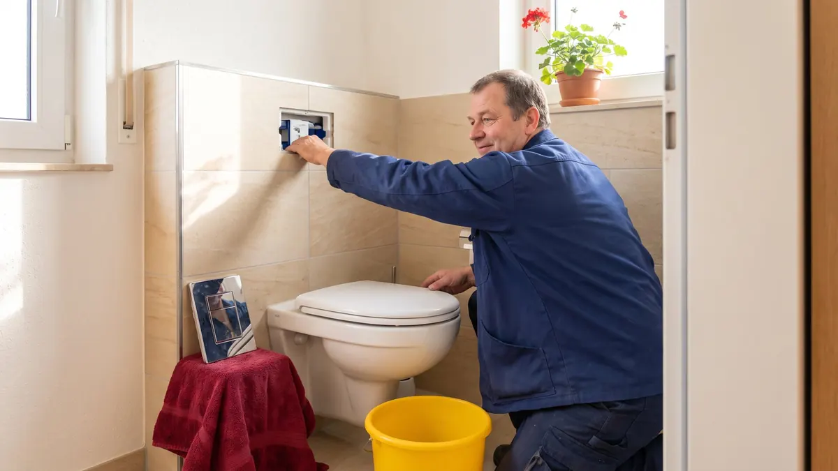 Klempner arbeitet am Spülkasten hinter der abgenommenen Betätigungsplatte – Abfluss und WC, Bretten