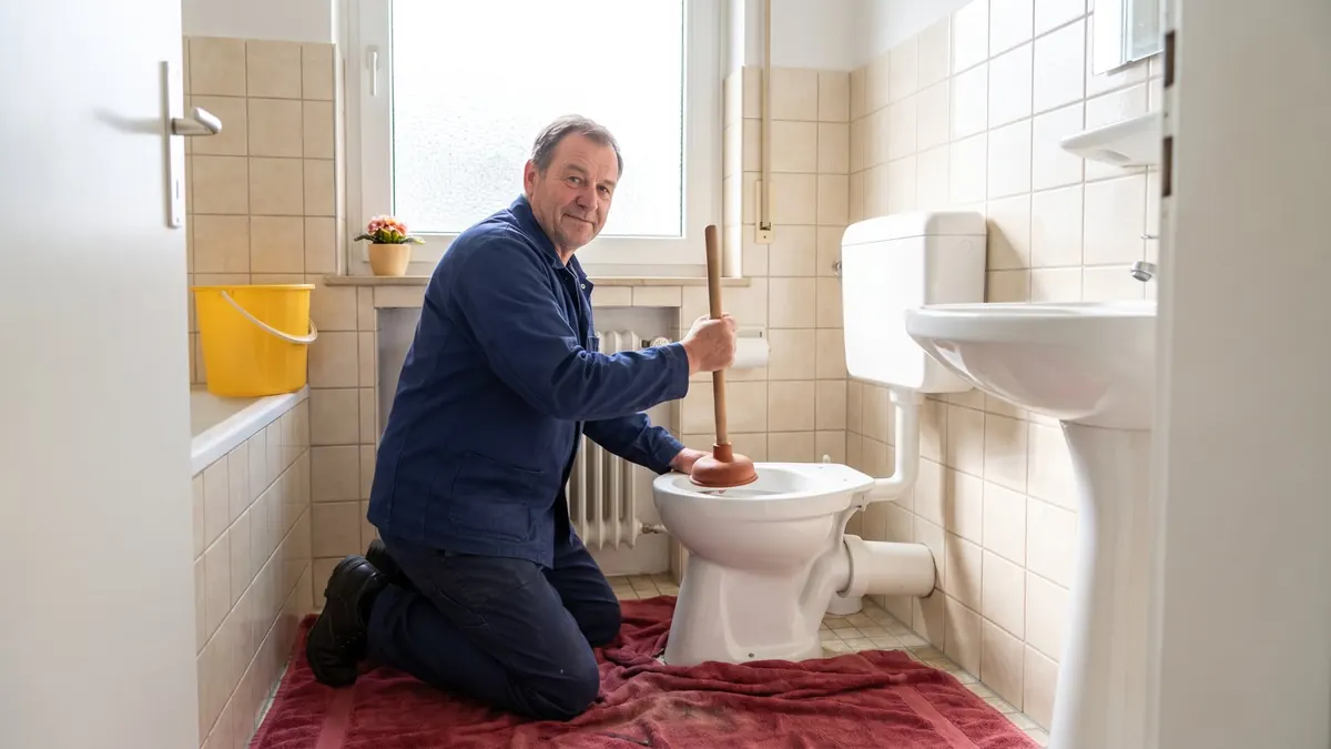 Klempner macht eine verstopfte Toilette mit der Saugglocke frei – Abfluss und WC, Karlsruhe