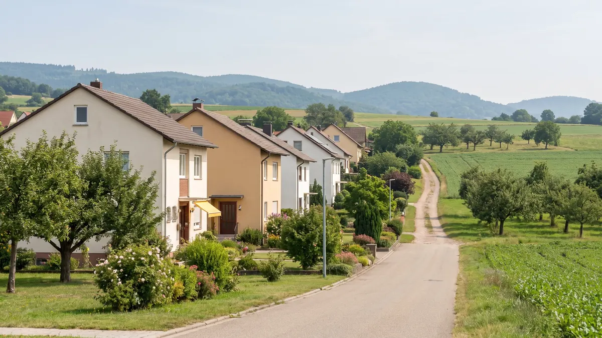Ortsrand mit Wohnhäusern in sanften Hügeln mit Feldern