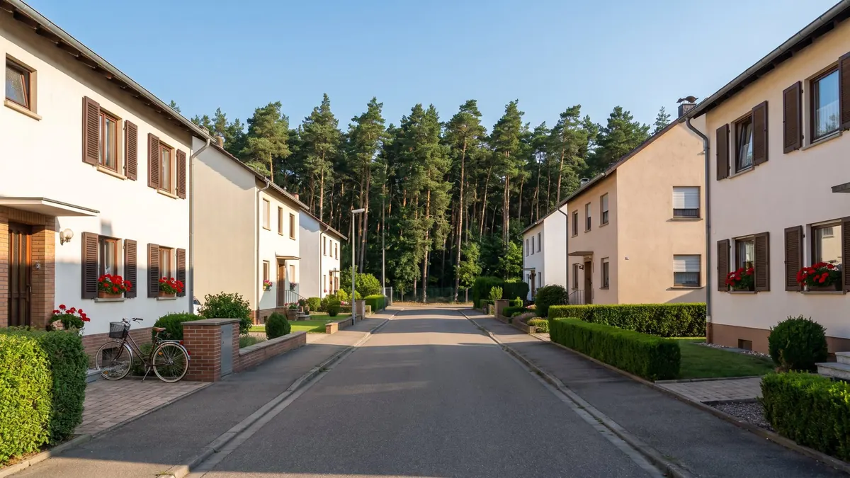Wohnstraße mit Einfamilienhäusern in der Rheinebene, Kiefernwald am Ende