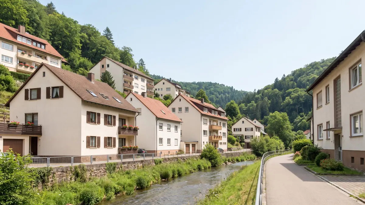Wohngebiet am Hang über einem Flusstal mit bewaldeten Hügeln